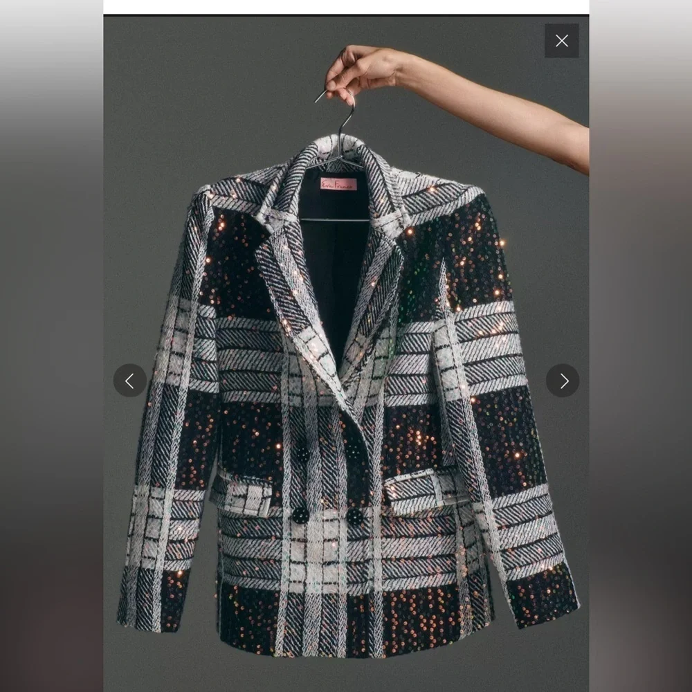 Gorgeous NWT Eva Franco Women's Black and White Sequined Tweed Jacket Lined - Picture 4 of 15